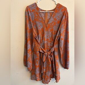 Orange and Gray Floral Long Sleeve Dress